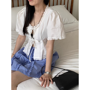 衬衫 减龄百搭方领花边拼接系带收腰显瘦短袖 上衣 新款 韩国chic夏季