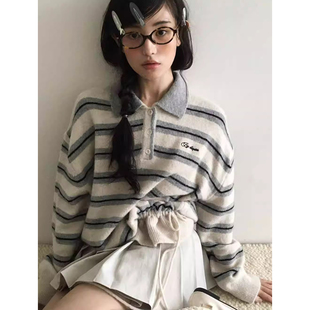 设计感polo领可调节抽绳条纹针织毛衣女2025冬季新款刺绣印花上衣