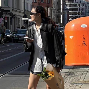 韩国chic秋季新款复古帅气翻领宽松百搭长袖PU皮衣机车服拉链外套