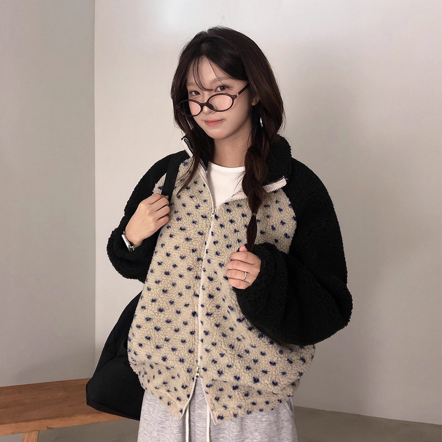 小爱心拼色双拉链羊羔毛卫衣外套