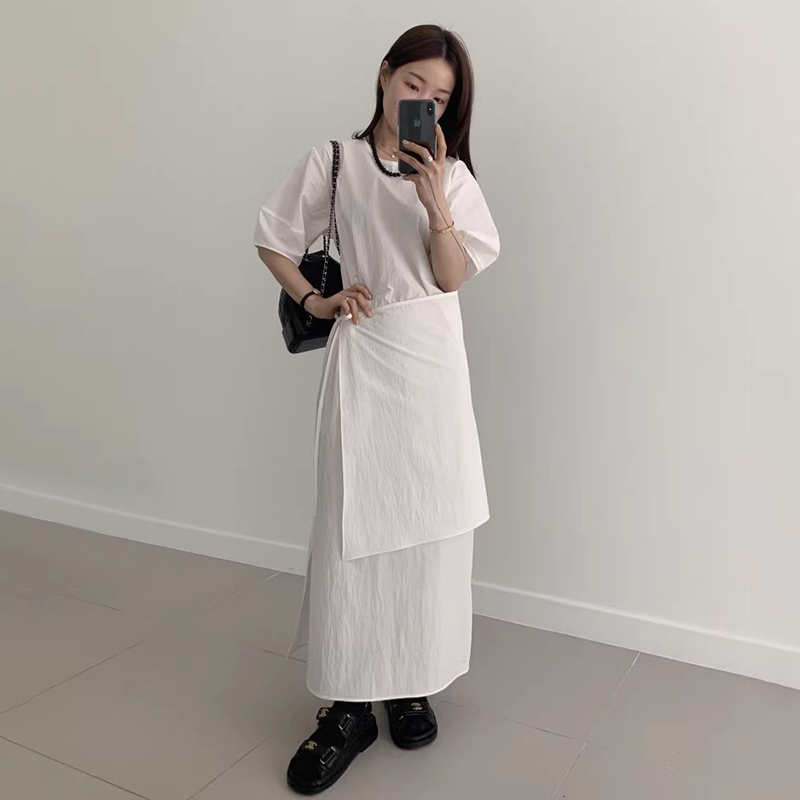良良家围裹式系带衬衫连衣裙女夏季新款小众设计感收腰侧开叉长裙