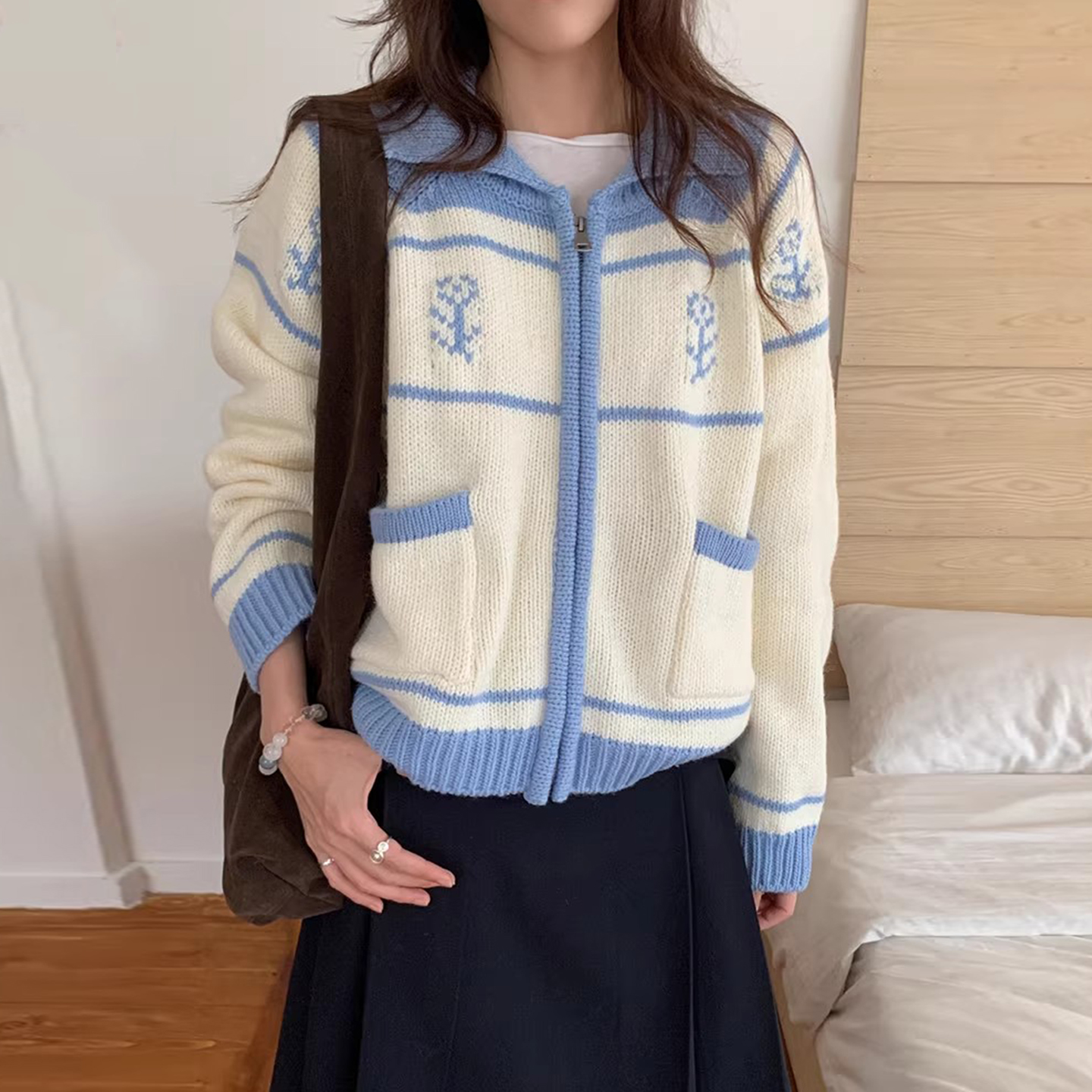 减龄撞色提花拉链针织开衫外套