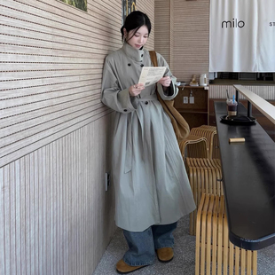 高级气质立领双排扣纯色风衣外套女秋季新款绑带收腰显瘦长款上衣