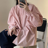 上衣女 纯色衬衫 韩国chic秋季 粉嫩简约立领单排扣宽松百搭灯笼袖