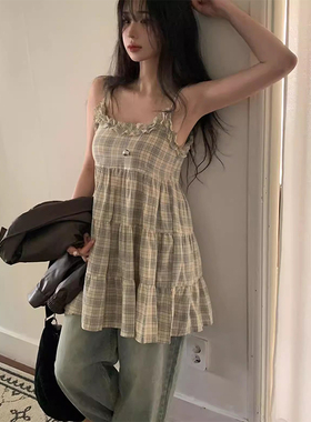 良良家格纹木耳边花边吊带连衣裙女夏季新款甜美减龄无袖背心裙子