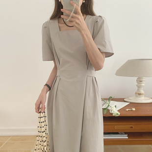 复古气质方领连衣裙女装 法式 简约系带收腰显瘦泡泡袖 长裙子 夏季