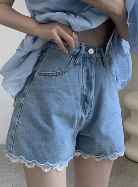 良良家拼接蕾丝花边牛仔短裤女夏季新款百搭高腰显瘦阔腿热裤子
