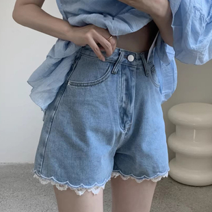 子 良良家拼接蕾丝花边牛仔短裤 女夏季 新款 百搭高腰显瘦阔腿热裤