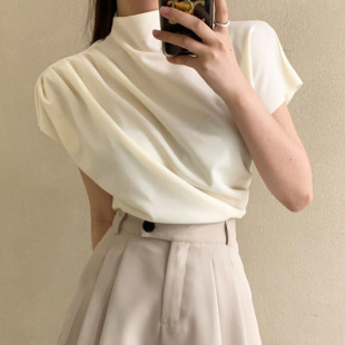 女 纯色衬衫 韩国chic夏季 简约气质高领宽松休闲褶皱感设计飞飞袖