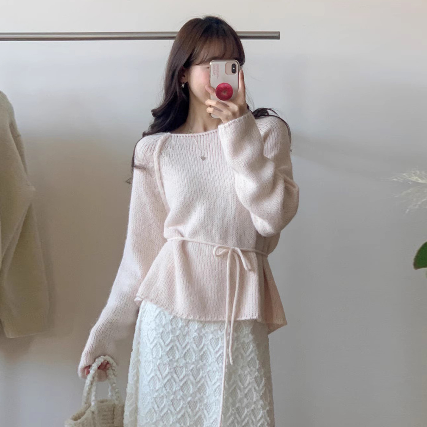 一字领系腰收腰显瘦针织衫毛衣