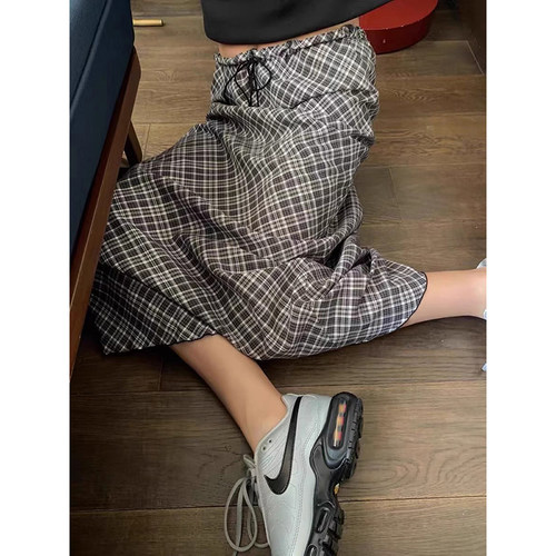 良良家木耳边抽绳格子半身裙女