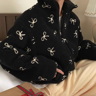 宽松百搭棉服 新款 法式 减龄两面穿蝴蝶结提花羊羔毛外套女2025冬季