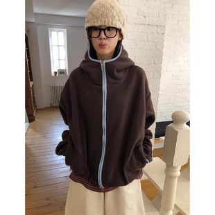 外套 宽松休闲长袖 复古小众双面摇粒绒拼色连帽卫衣女2025冬季 新款