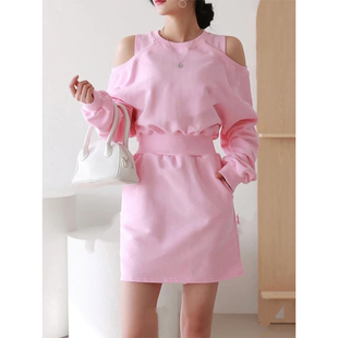 韩国chic春季新款小众设计感露肩束腰显瘦小个子长袖卫衣连衣裙女