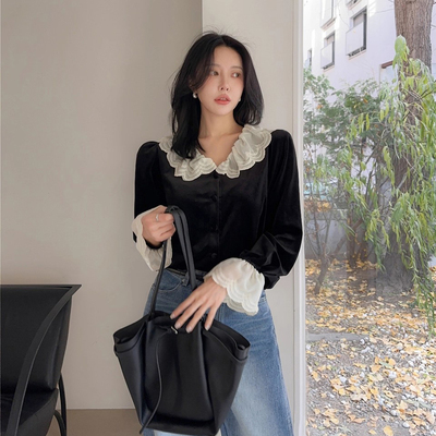 法式赫本风拼接蕾丝花边领衬衣