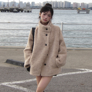 复古洋气立领毛茸茸百搭羊羔毛外套女2025冬季新款中长款棉服大衣