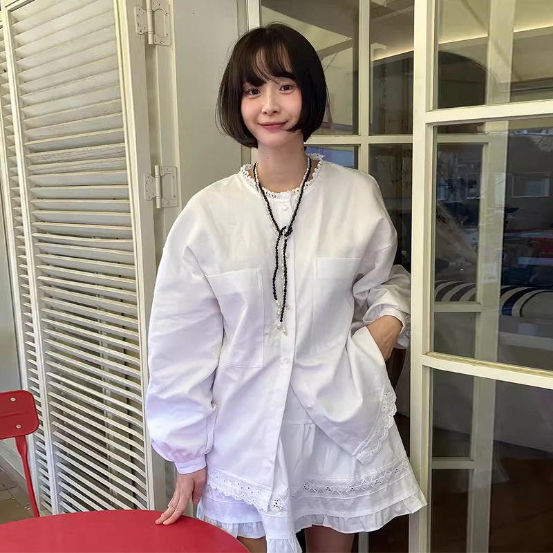 白色拼接蕾丝花边衬衫半身裙套装