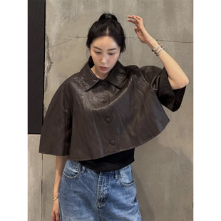 良良家设计感斗篷式PU皮衣外套女2026秋季复古宽松短款夹克上衣