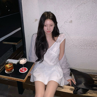 韩国chic夏季新款甜美减龄花边V领系带收腰显瘦背心连衣裙短裙女