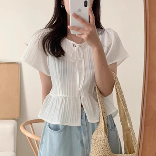 上衣 良良家温柔风系带蝴蝶结褶皱条纹衬衫 夏季 新款 甜美减龄飞飞袖