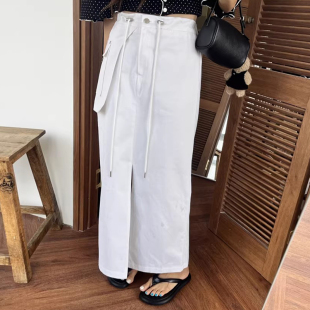 设计感拼接大口袋高腰抽绳开叉工装 法式 半身裙女 新款 韩国chic秋季