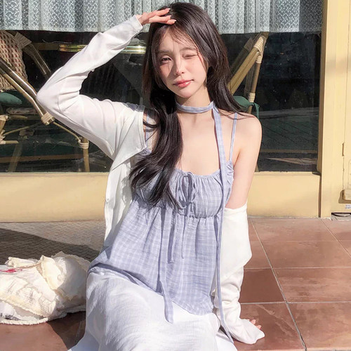 挂脖飘带格纹背心吊带上衣女