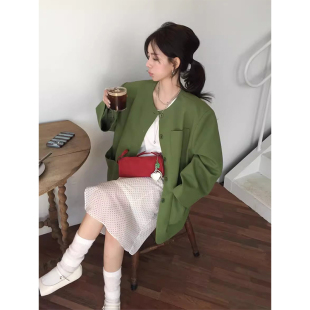设计感多口袋宽松显瘦气质上衣 新款 良良家显白绿色西装 外套女春季