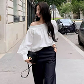 衬衫 女早春季 新款 设计感斜领露肩纯色泡泡袖 宽松百搭短款 衬衣上衣