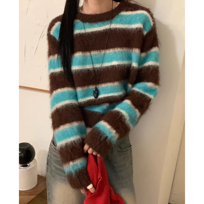 复古风毛绒感撞色条纹针织衫毛衣