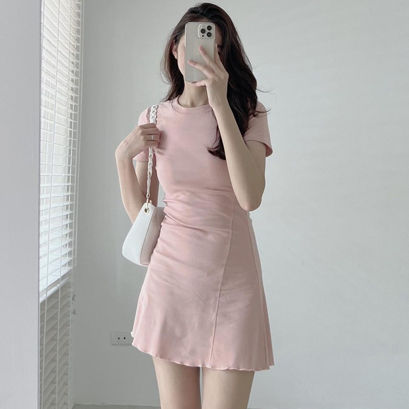 韩国chic夏季简约气质圆领明线设计收腰显瘦短袖小个子连衣裙女