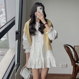 良良家镂空提花衬衫式连衣裙女春季新款小众气质宽松荷叶边短裙子