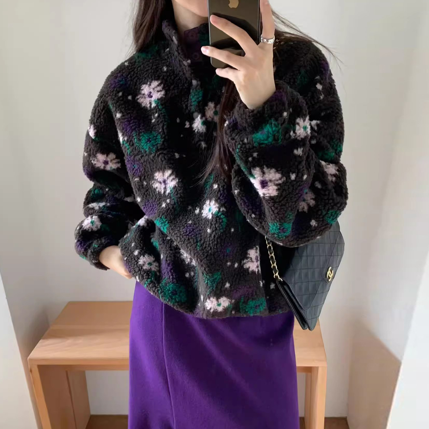 复古洋气花朵提花羊羔毛卫衣外套