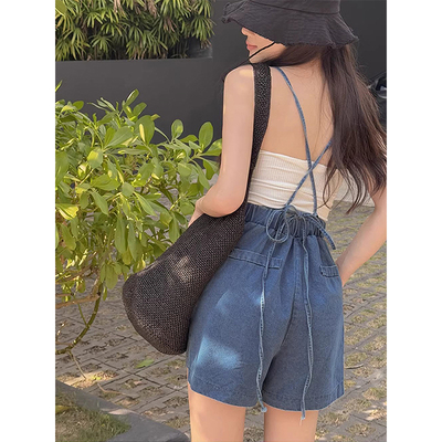 交叉背带系带阔腿牛仔背带短裤