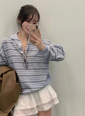 良良家奶蓝色条纹针织衫女春季新款甜美减龄宽松长袖polo领上衣