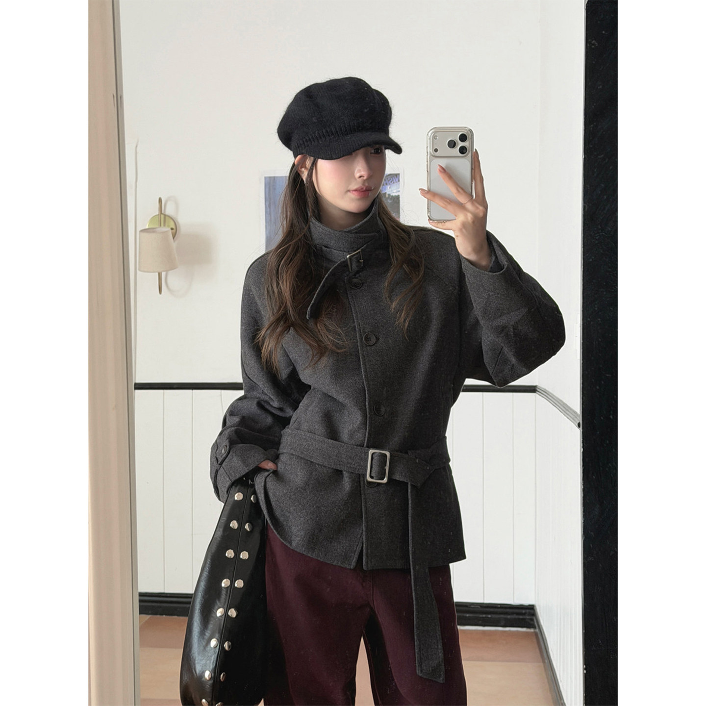 良良家高级感立领斜纹毛呢外套女秋冬季复古气质加厚系带呢子大衣