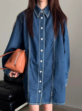 韩国东大门春季复古港风翻领单排扣明线设计宽松休闲牛仔连衣裙女