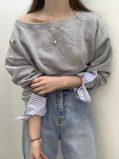 卫衣女 长袖 韩国chic秋季 复古设计感不规则斜领露肩撞色拼接百搭款