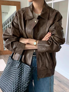 韩国chic秋季 复古帅气翻领宽松百搭BF风做旧机车服PU皮衣短外套女