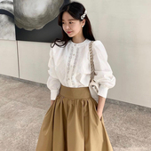 韩国chic复古圆领镂空花边宽松泡泡袖 高腰大摆型半身裙长裙 衬衫