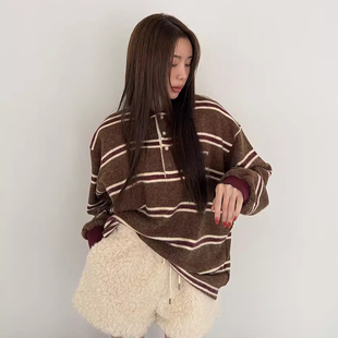 复古小众撞色条纹POLO领磨毛长袖卫衣女早春季新款宽松百搭上衣