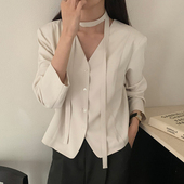 西装 韩国chic秋季 复古V领系带单排扣宽松休闲百搭长袖 短外套女