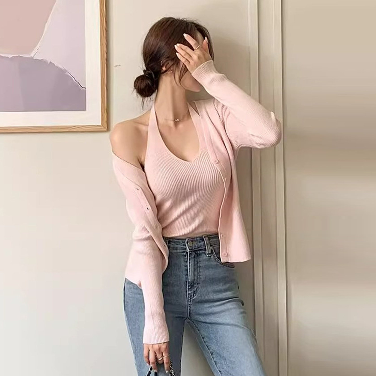 小性感挂脖内搭针织背心女早春新款小排扣纯色百搭开衫外套两件套,女装/女士精品,时尚套装,淘宝优惠券,粉丝福利购,淘宝优惠卷