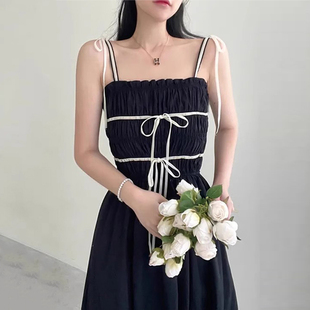 韩国chic夏季 甜美减龄系带蝴蝶结设计感皱褶收腰显瘦吊带连衣裙女