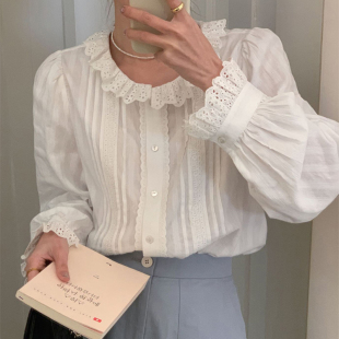 衬衫 甜美圆领拼接蕾丝花边单排扣宽松百搭泡泡袖 法式 韩国chic秋季