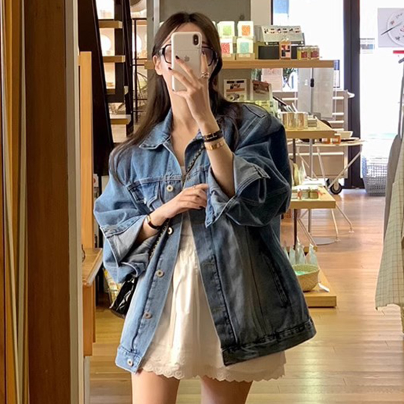 宽松休闲口袋长袖水洗牛仔外套