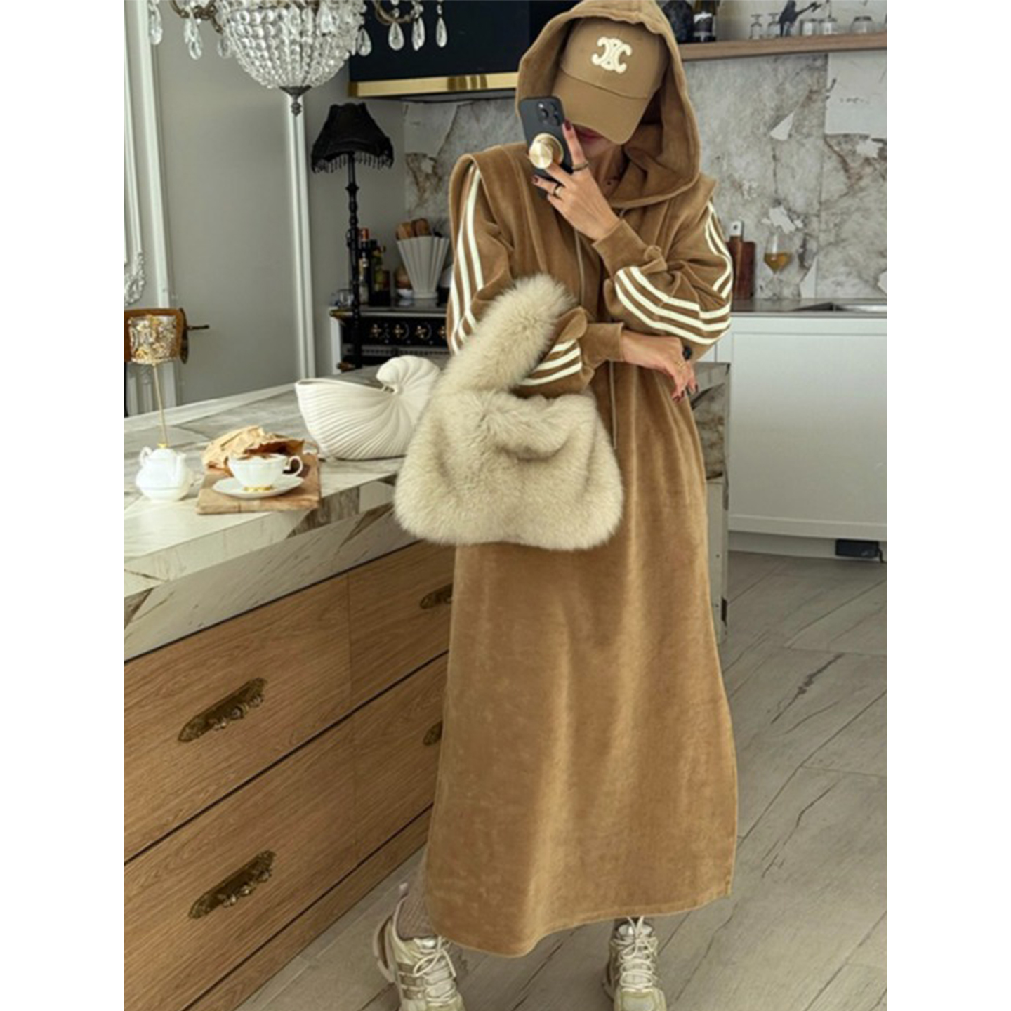 复古撞色条纹连帽丝绒卫衣连衣裙