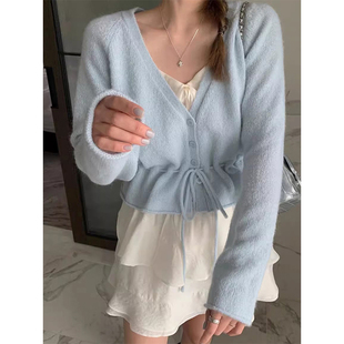 良良家减龄系带收腰针织衫女春季新款百搭纯色长袖开衫毛衣上衣