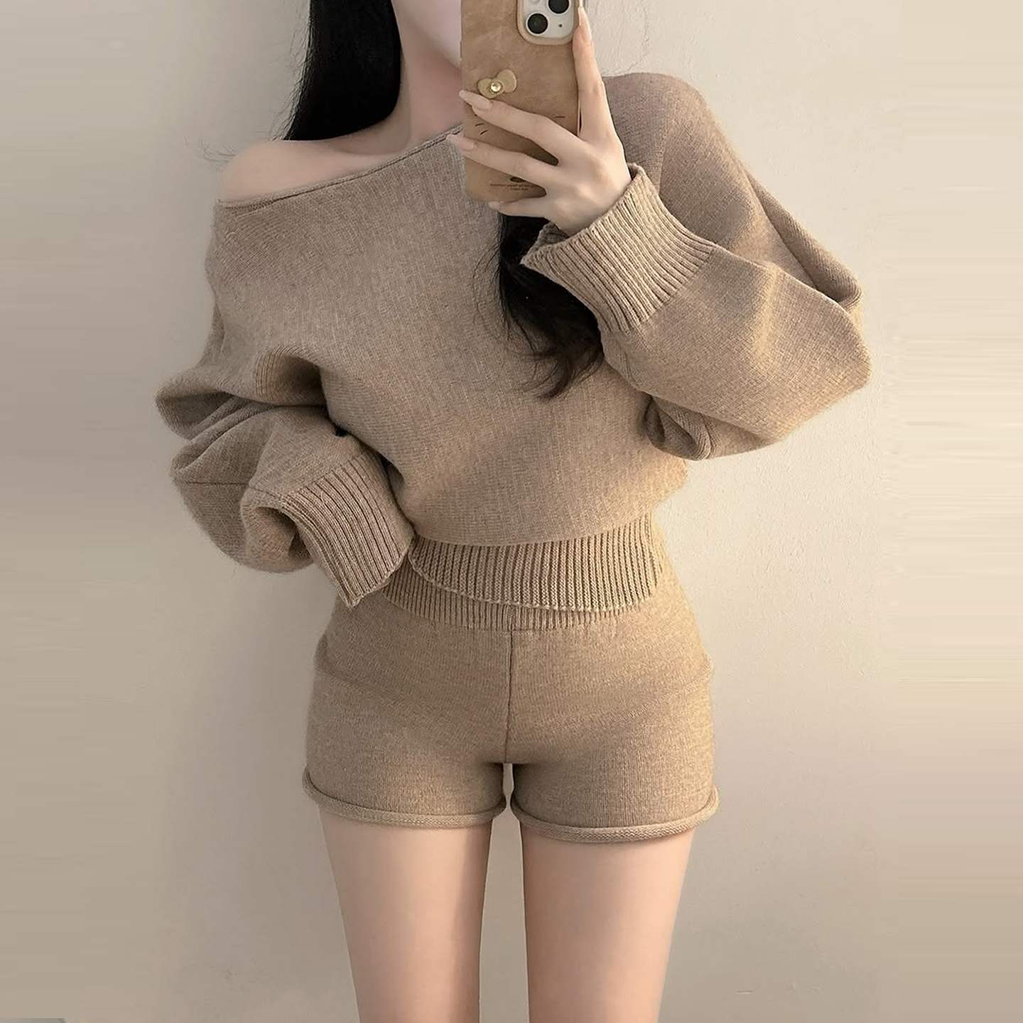 露肩针织衫毛衣高腰显瘦卷边短裤