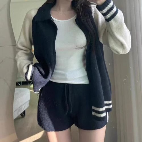拼接条纹棒球服毛衣外套针织短裤