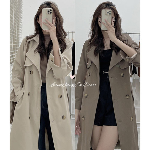 chic西装领双排扣系带收腰风衣女